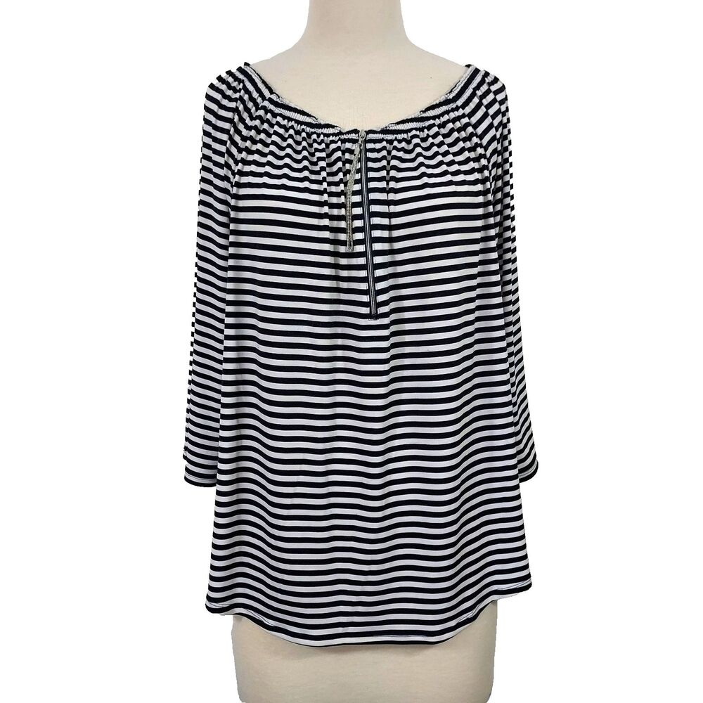 Chico's Shirt Top Size 2 Womens Large Elastic Neckline 3/4 Flared Sleeve Stretch